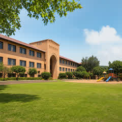 Example ad, a brick school with a lawn