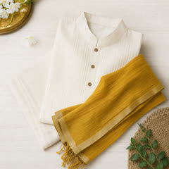Example ad, an ivory cotton kurta set with a mustard stole