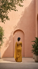 Example ad, a woman in a mustard saree in a sunlit courtyard