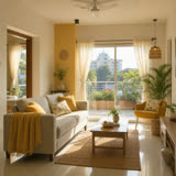 Example ad image, a sunlit two-bedroom living room with a sofa, a balcony door and plants