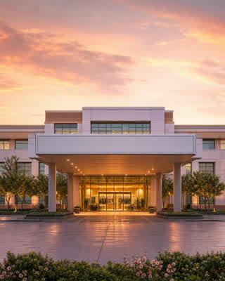 Example ad: a hospital front at dawn under a covered canopy