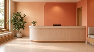 Example landing page picture: the reception of a clinic with a pale counter and a plant in warm window light