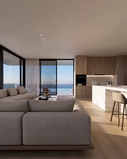 Example ad: the living room of a sample flat with a sea view