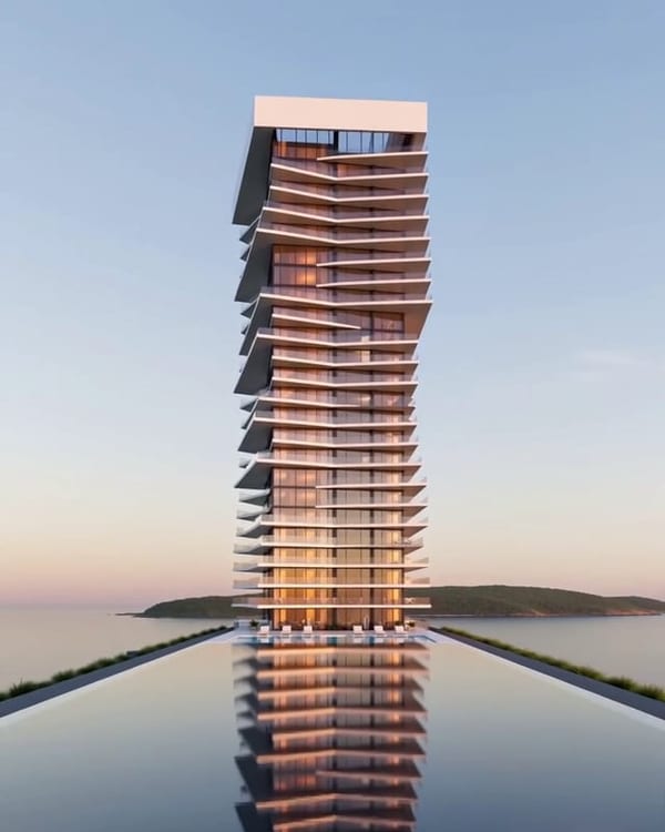 Example competitor ad: a residential tower at dusk