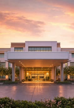 Example ad, a hotel entrance at dawn under a covered porch