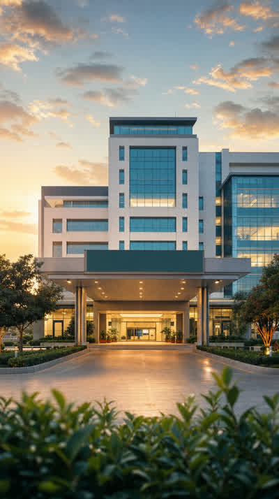 Example landing page, a hospital entrance at golden hour