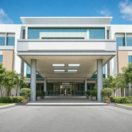 Example competitor ad, a hospital entrance, stamped Taken down by Meta