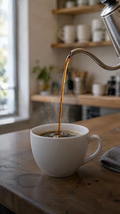 Example ad: a slow close-up of black coffee pouring from a steel kettle into a white cup on a cafe counter