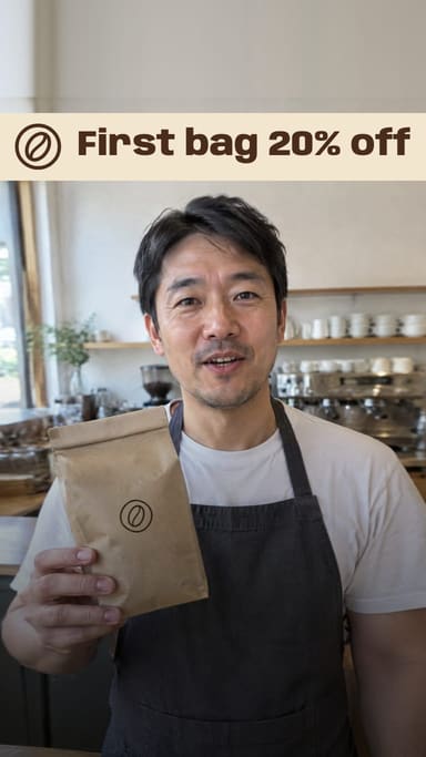 Example ad: a barista in a plain apron talking to camera and holding a kraft coffee bag, the offer printed across the top