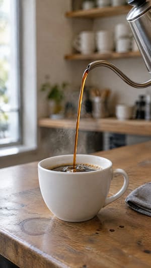 Example ad: a slow close-up of black coffee pouring from a steel kettle into a white cup on a cafe counter