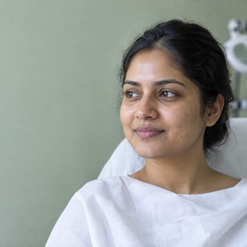 Example ad, a young woman in a skin clinic chair, three-quarter view, natural skin, a sage wall behind her