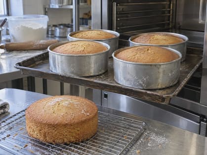 Example ad: four plain sponge cakes just baked on a tray pulled out of a clean steel oven, one more turned out on a cooling rack in front