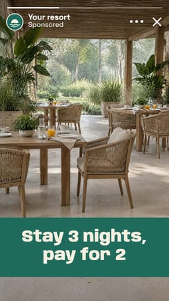 Example ad, the resort’s Instagram Story: the breakfast terrace with laid tables, the offer Stay 3 nights, pay for 2 in a green band at the bottom with Instagram’s Book now button over it