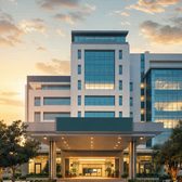Example frame: a hospital entrance at golden hour