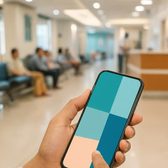 Example frame: a hand holding a phone with a booking screen in a waiting area