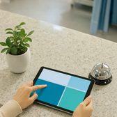 Example frame: hands tapping a tablet on a reception counter